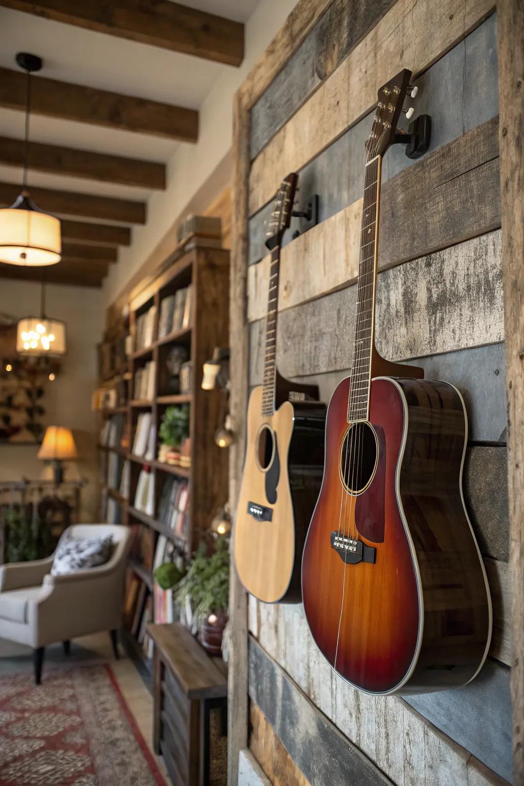 Guitars displayed against a country restored wood wall.