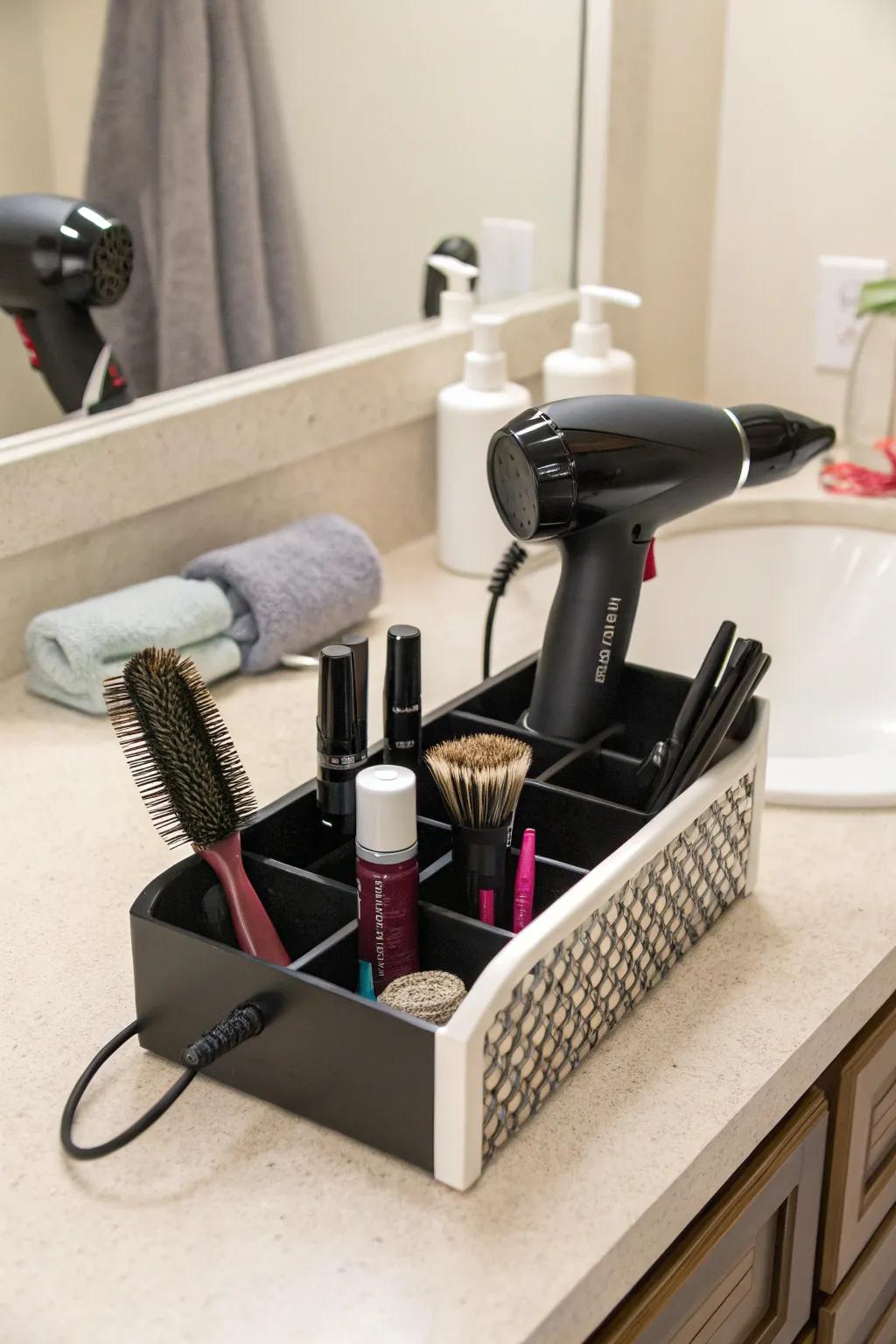Small countertop stations offer organized and accessible styling tools.