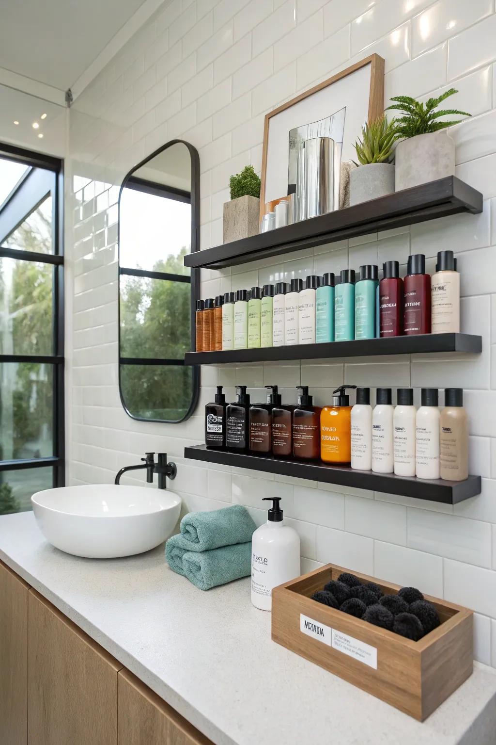 Transform wall space with elegant shelves for your hair products.