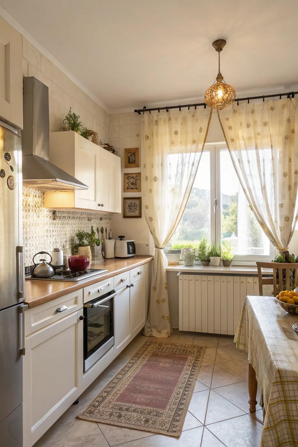Radiant cooking space with bistro style curtains.