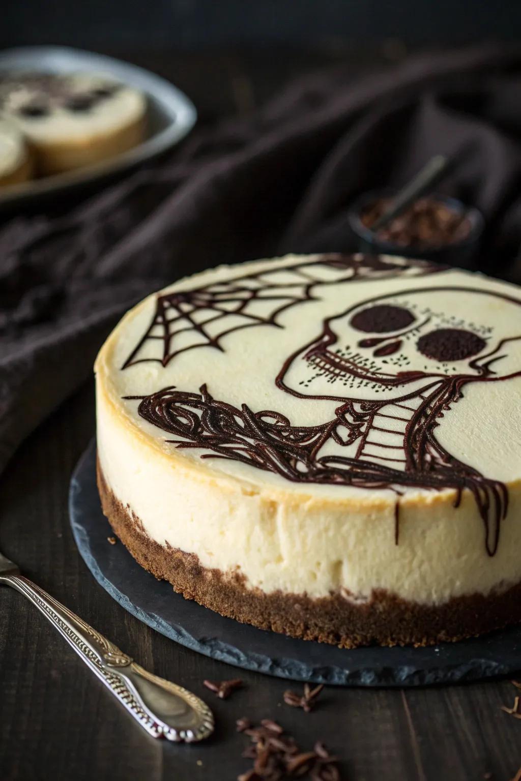 A cheesecake displaying a spine-tingling skeletal visage blueprint.