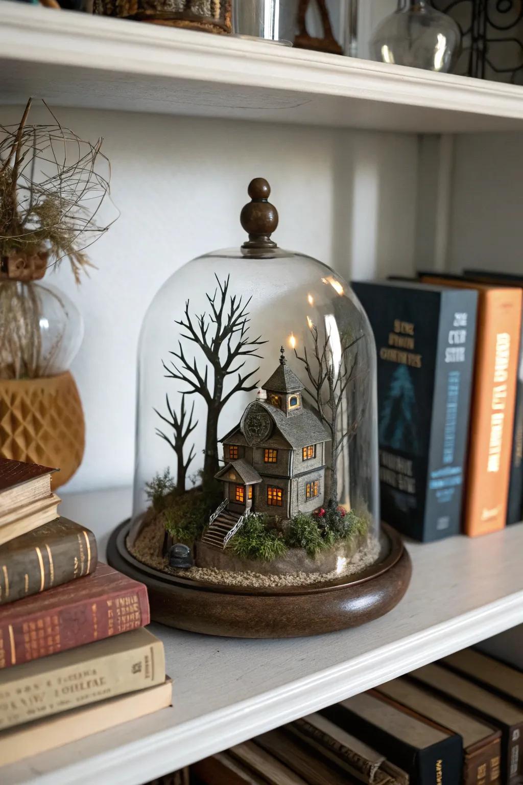 A cryptic haunted abode panorama beneath a display case.
