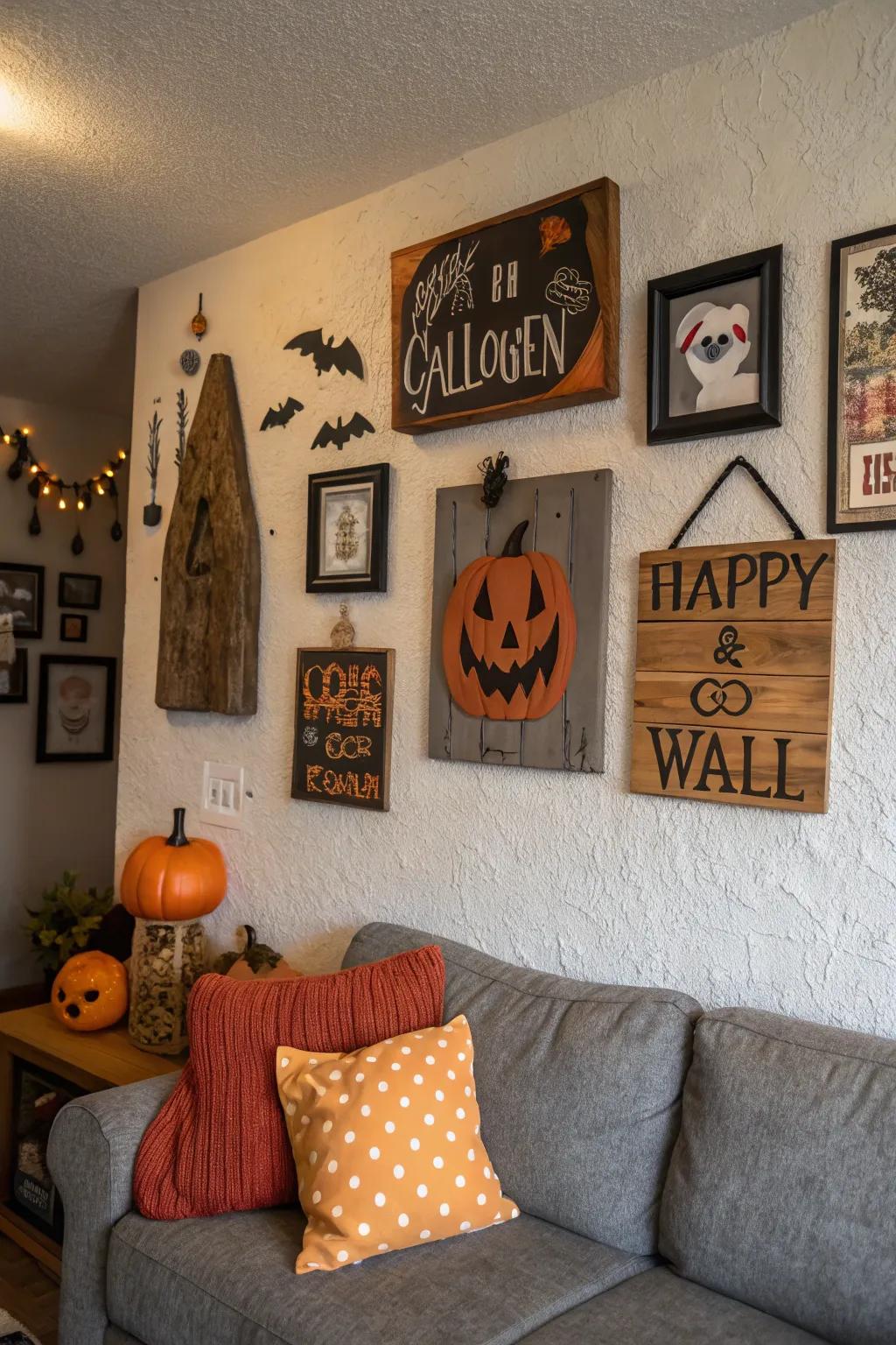 Wall art and symbols complete the Halloween transformation.