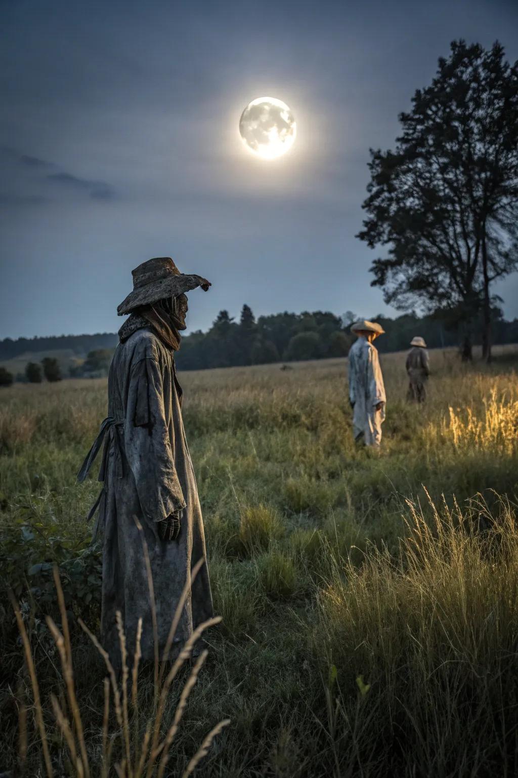 Silent effigies standing guard beneath the moonlight.