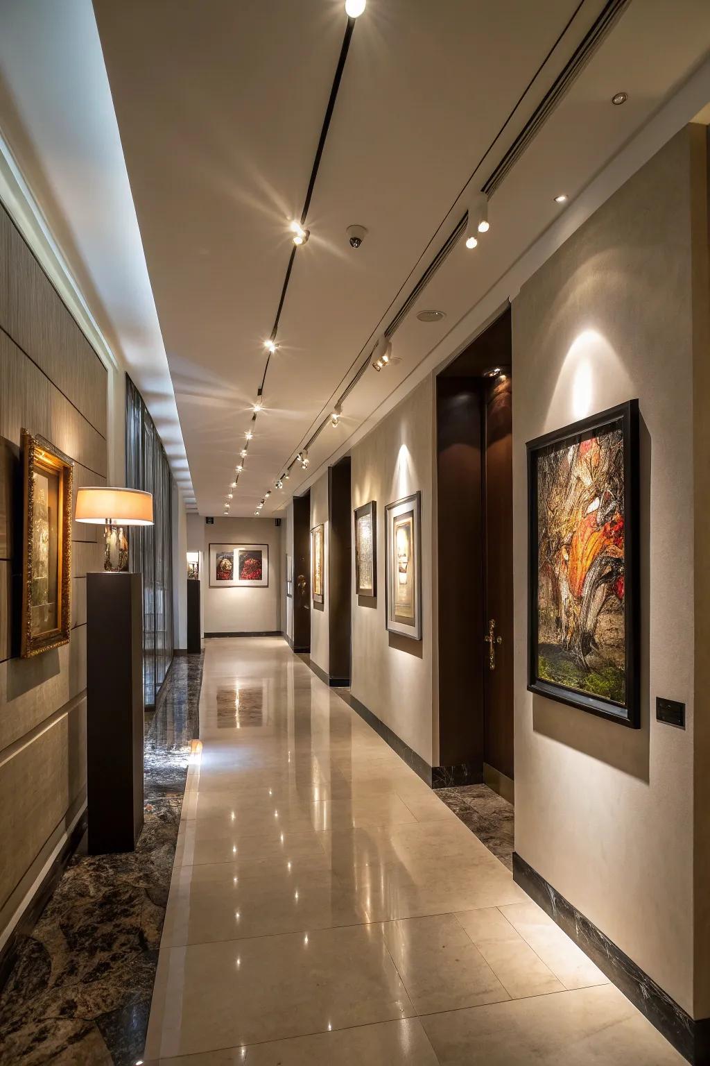Lighting enhances the charm of art in the hallway.