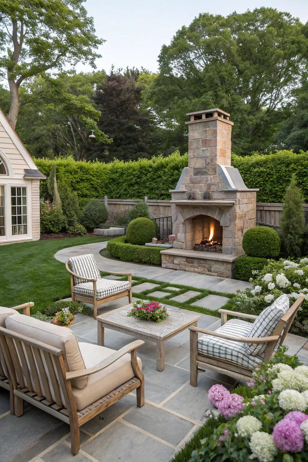 A warm fire feature fosters a cozy gathering spot in your Hamptons-inspired backyard.