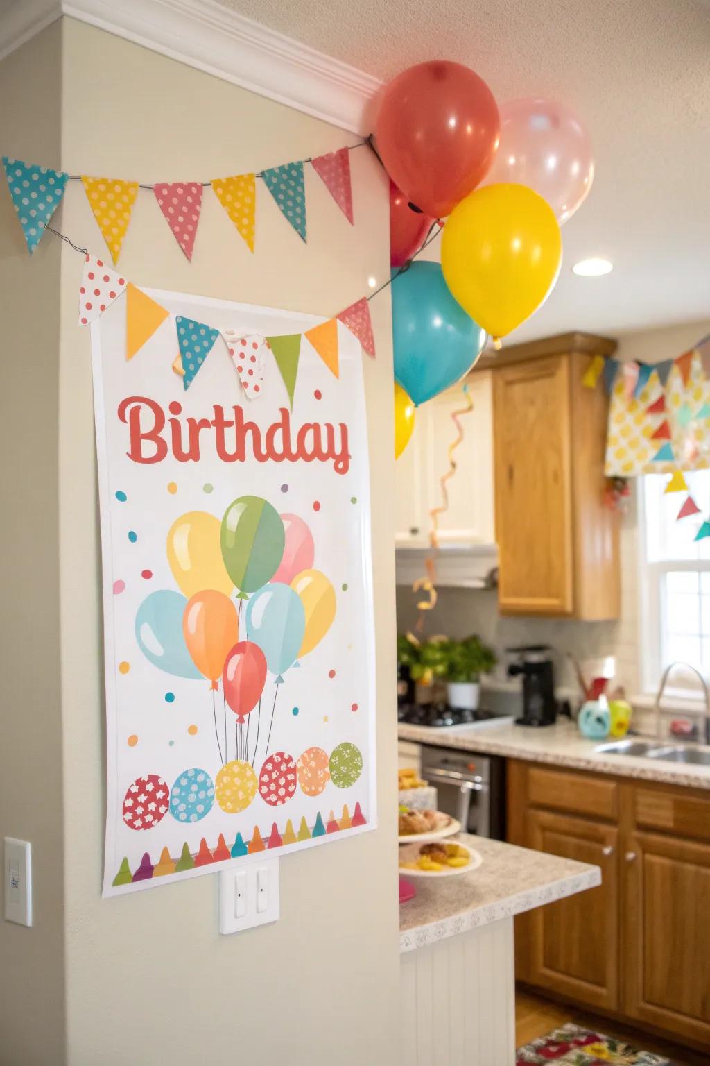 Streamers and pennants contribute a lively element to birthday announcements.