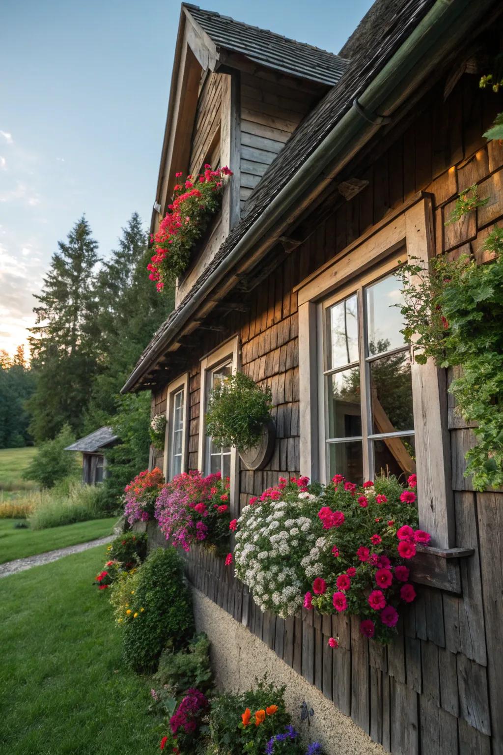 Window boxes infuse rustic charm and a burst of color.