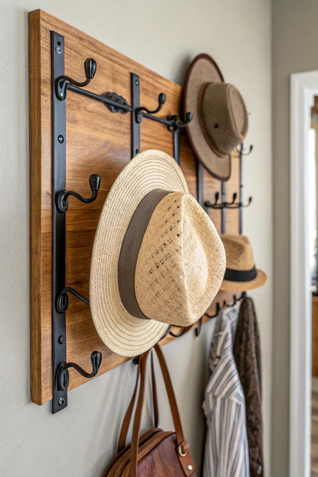 A combination of timber and metal results in a dynamic hat showcase.