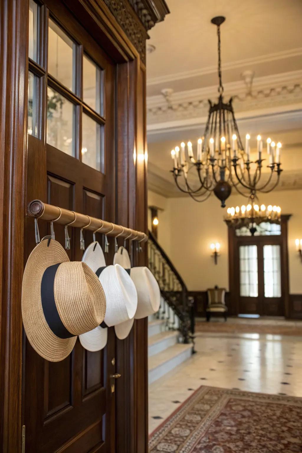 Hats hanging from a rod with clips.