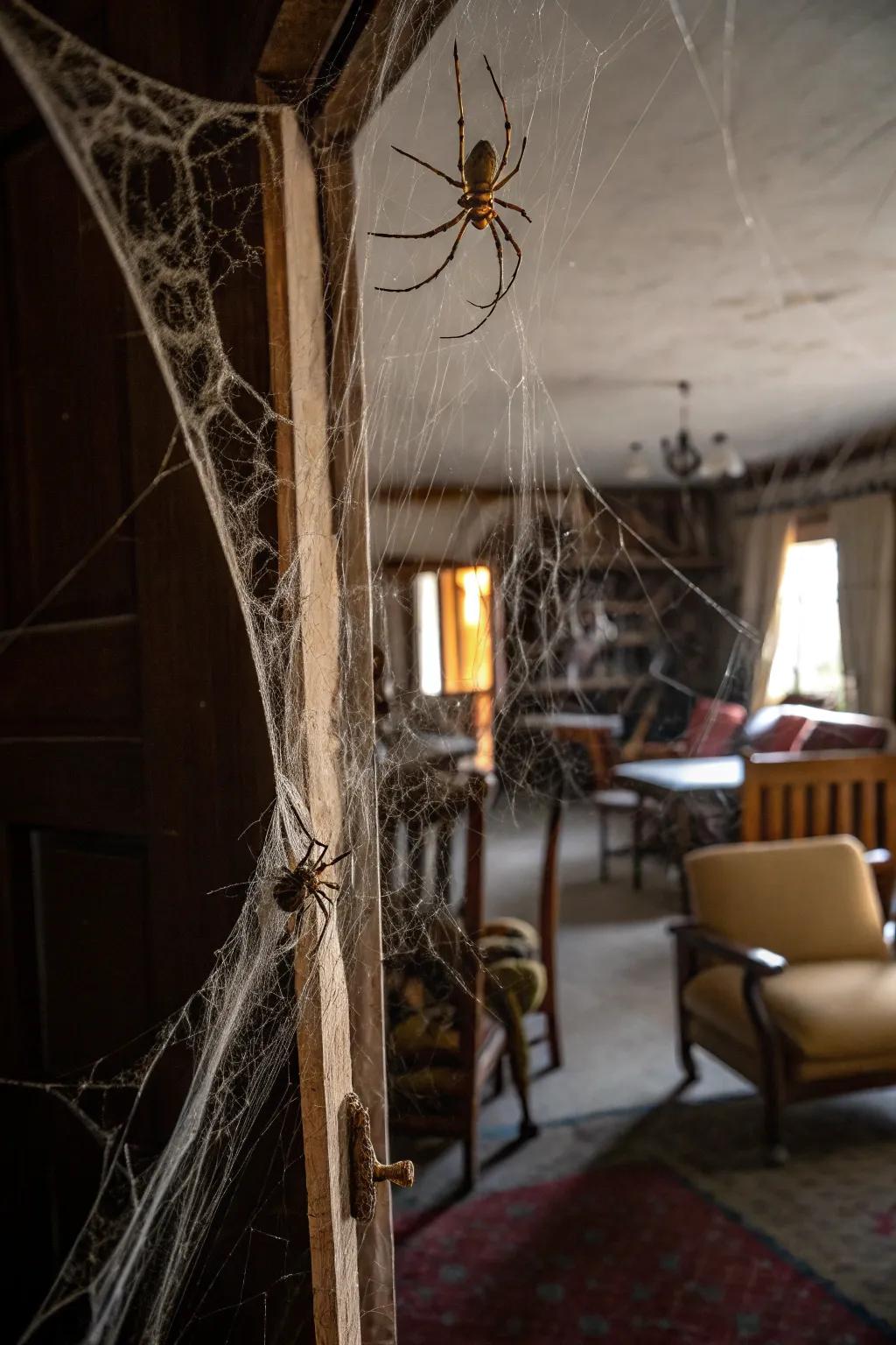 Spider webs and spiders give you that classic haunted house look.