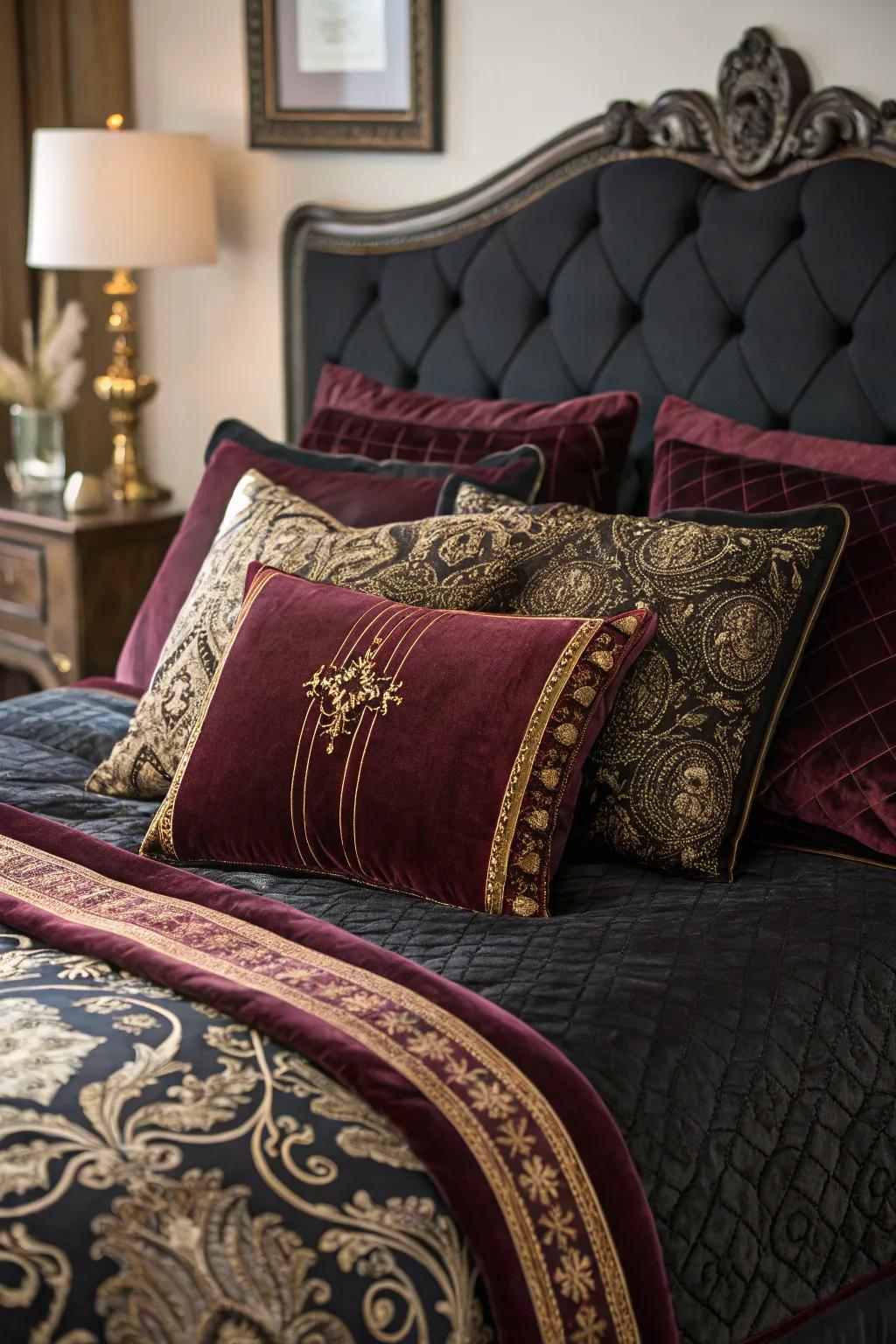 Rich fabrics craft a snug yet opulent feel.
