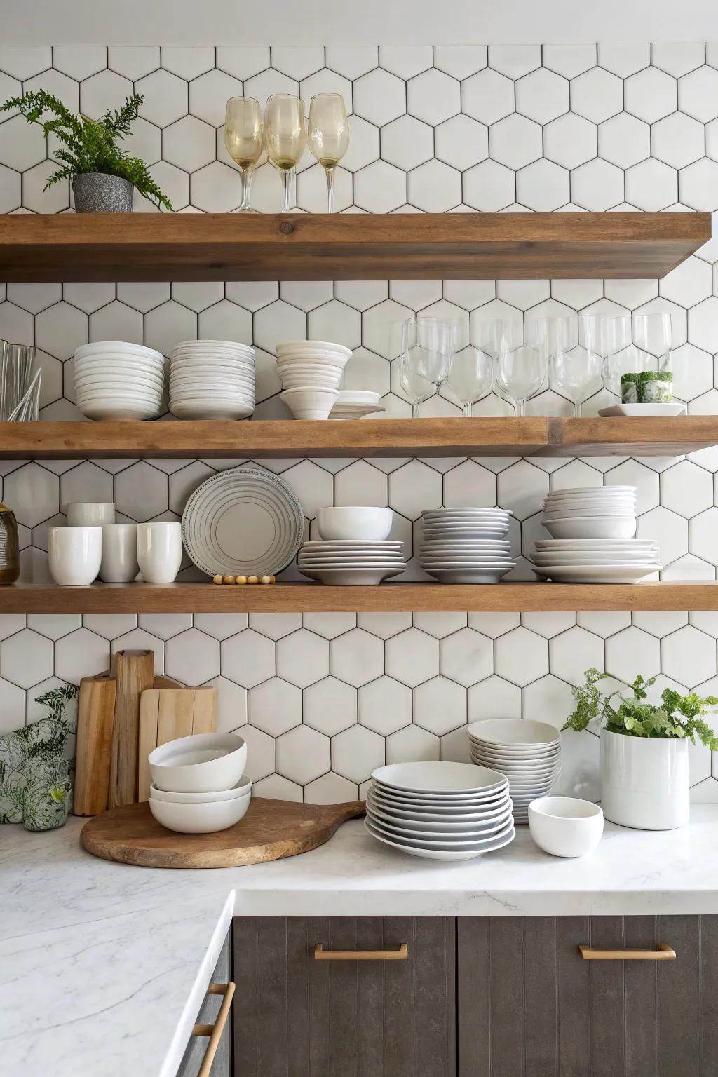 Exposed shelves beside hexagon panels fashions a striking kitchen display.