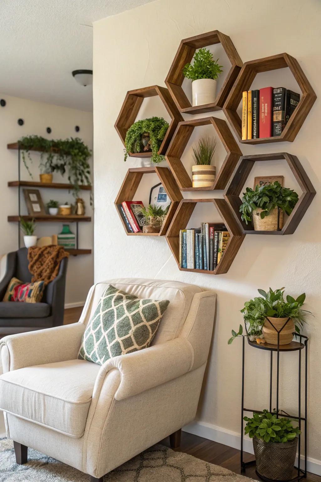 Hexagon shelves offer both aesthetic appeal and utility.