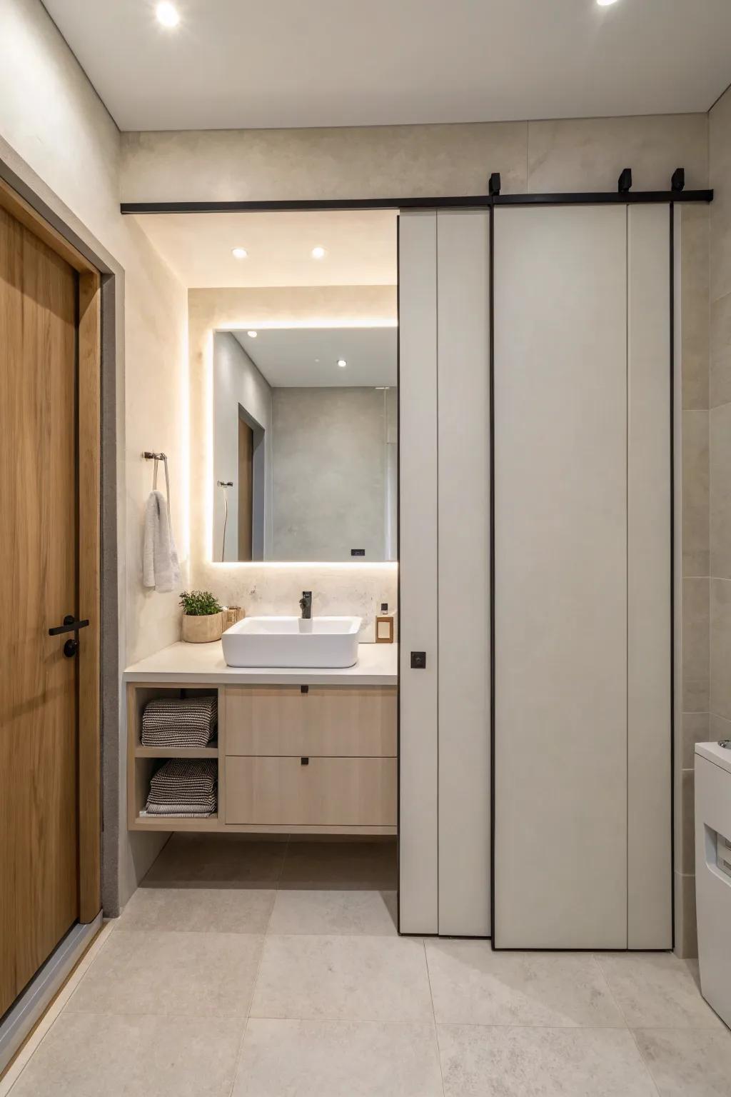 A sliding panel revealing hidden storage in a minimalist bathroom.