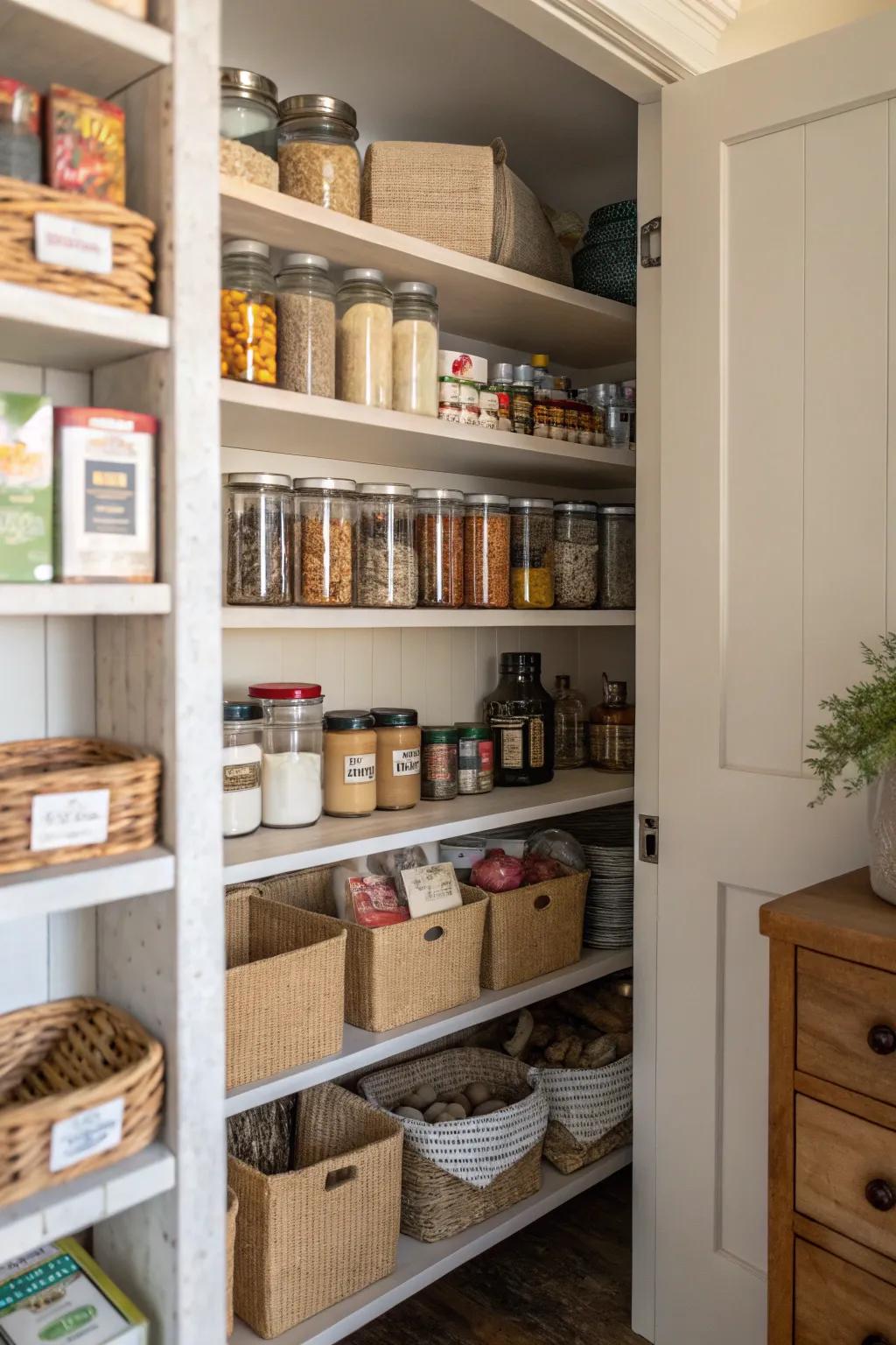 Open shelving inside a hidden pantry makes organization effortless.