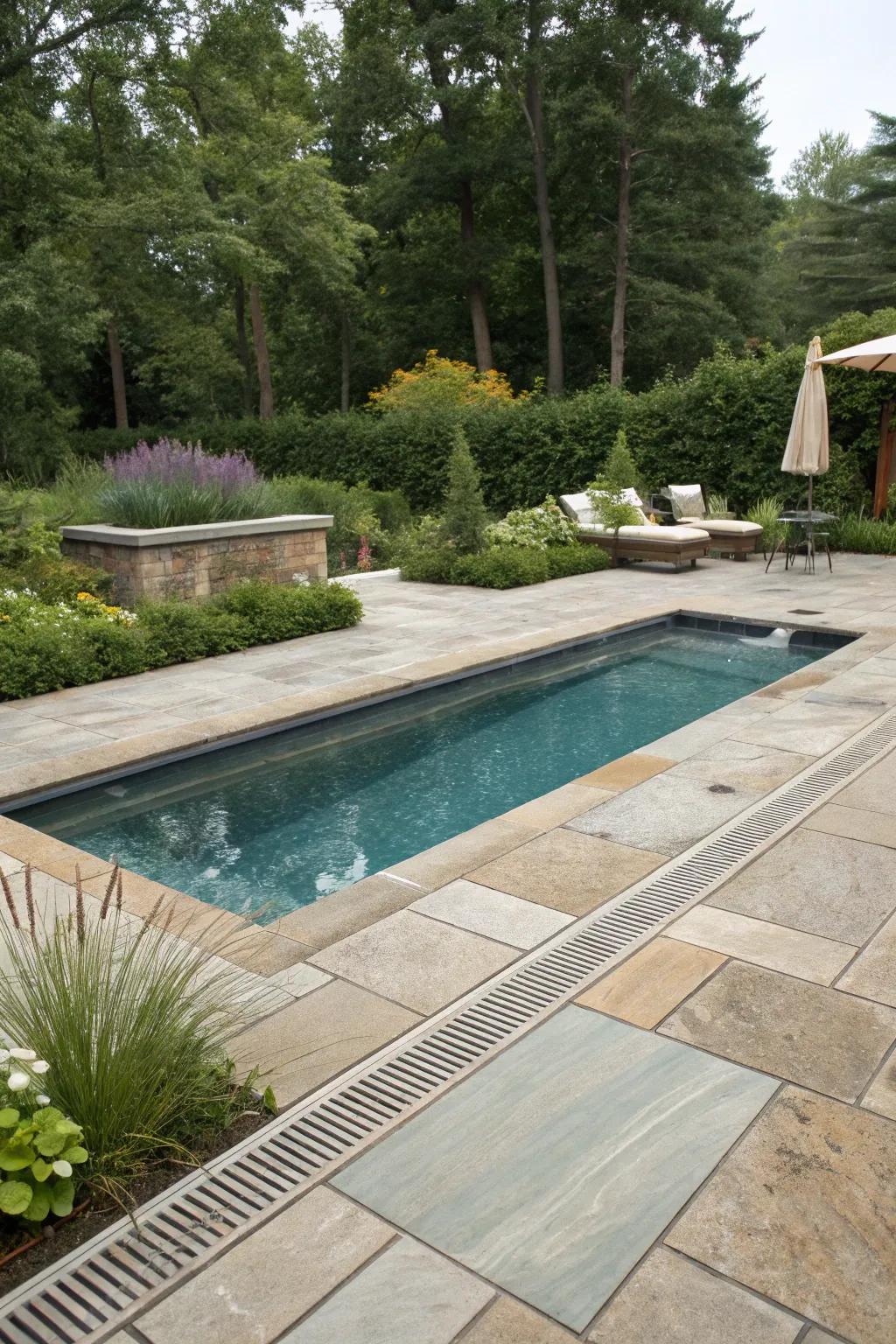 All-natural stone pavers smoothly incorporating hidden drains.