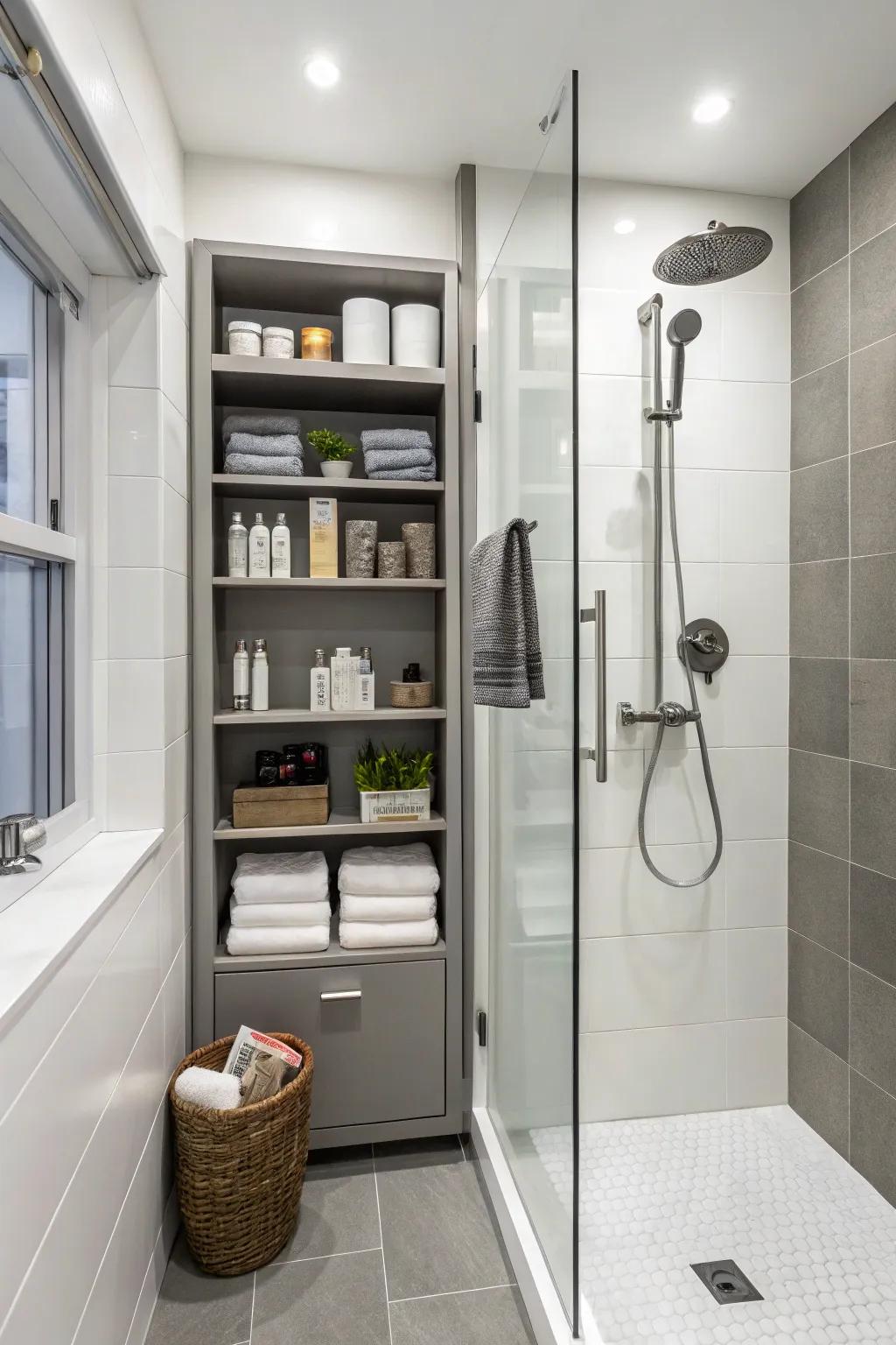 Integrated storage ensures your shower necessities are subtly tucked away.