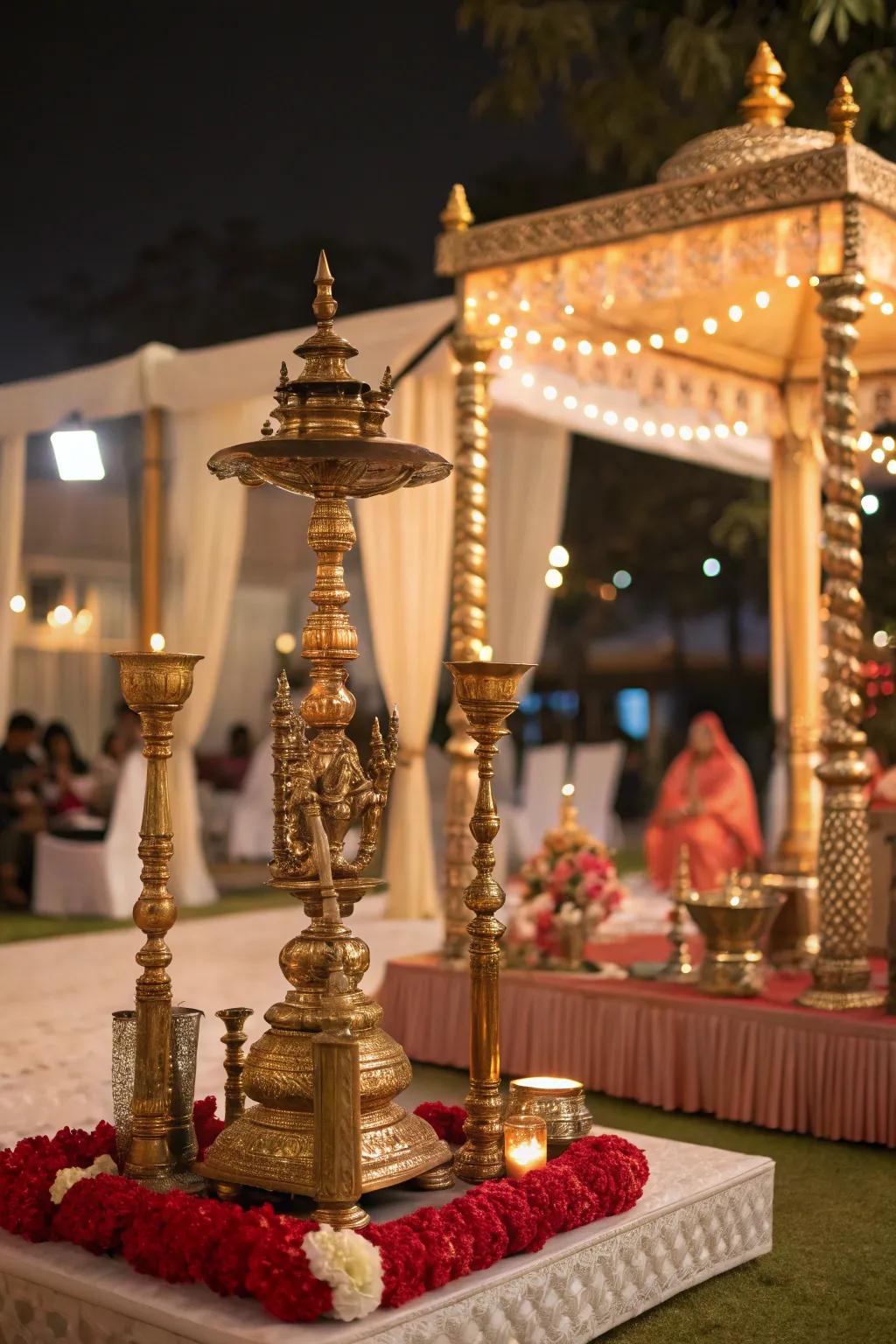 Traditional brass elements adding cultural significance to the mandap.