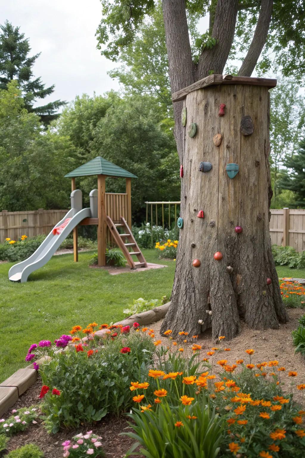 An entertaining children's space employs a tree stump as a climbing structure.