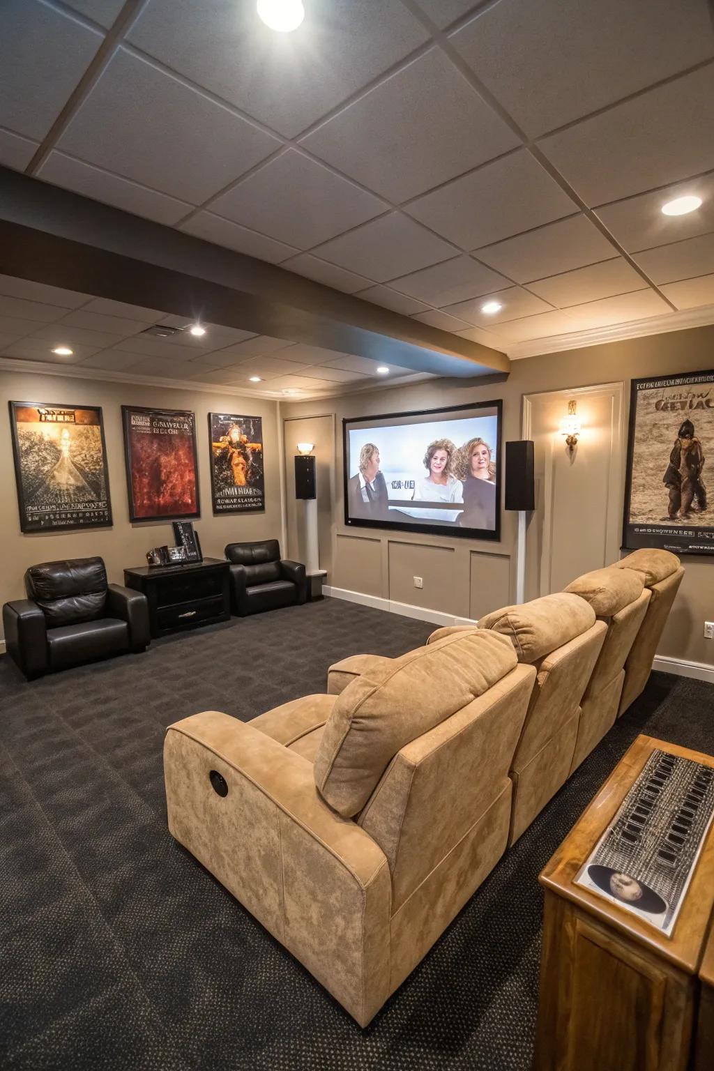 A finished basement transformed into a home theater.