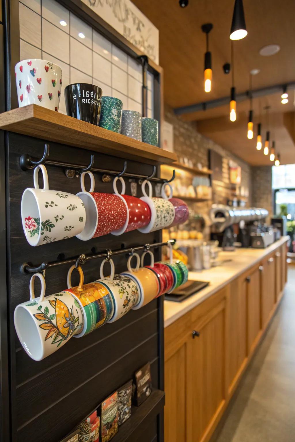 A mug display infuses your coffee station with charm and character.