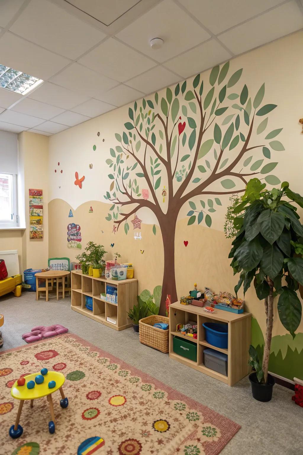 Invite the outdoors inside with a nature-themed daycare room.