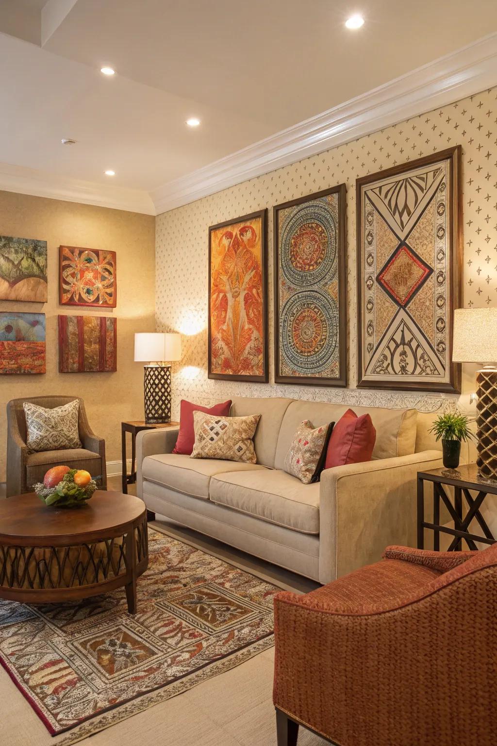 A living area featuring a striking statement wall