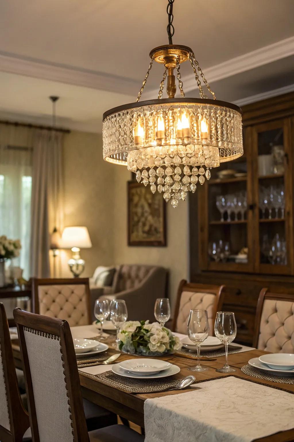A dining area illuminated by a stunning chandelier.