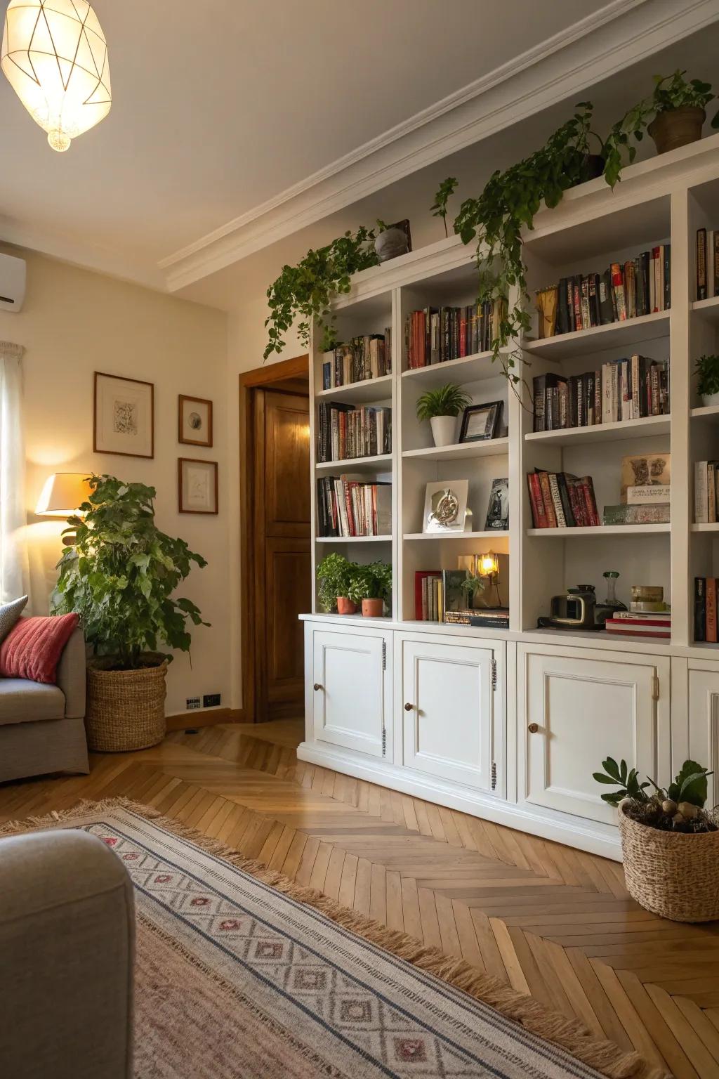 Built-in bookshelves enhance the charm and practicality of your living space.