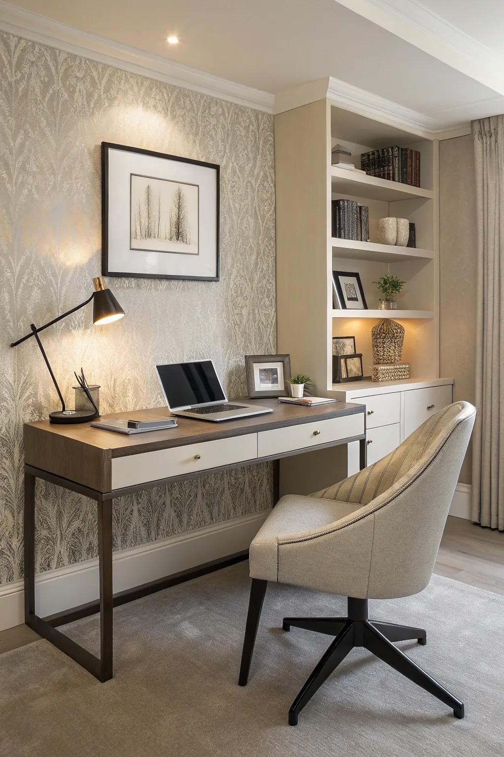 Furnishing integration enhances the cohesive appeal of this home office.