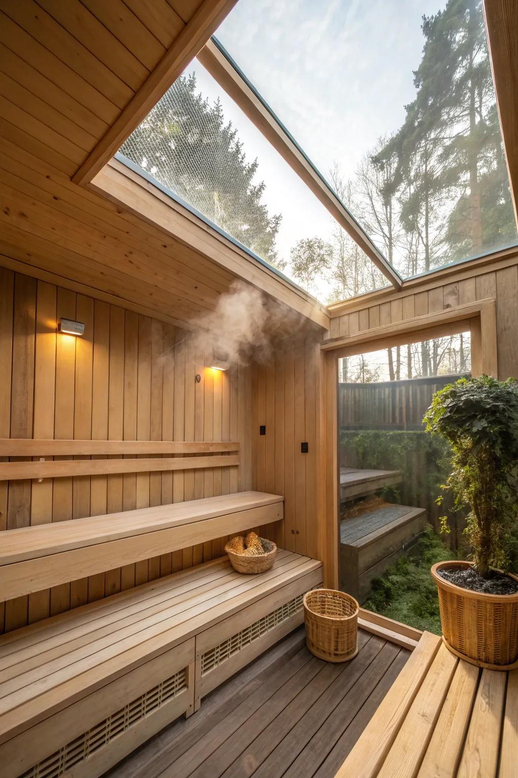 Natural light amplifies the serene mood of this home sauna.