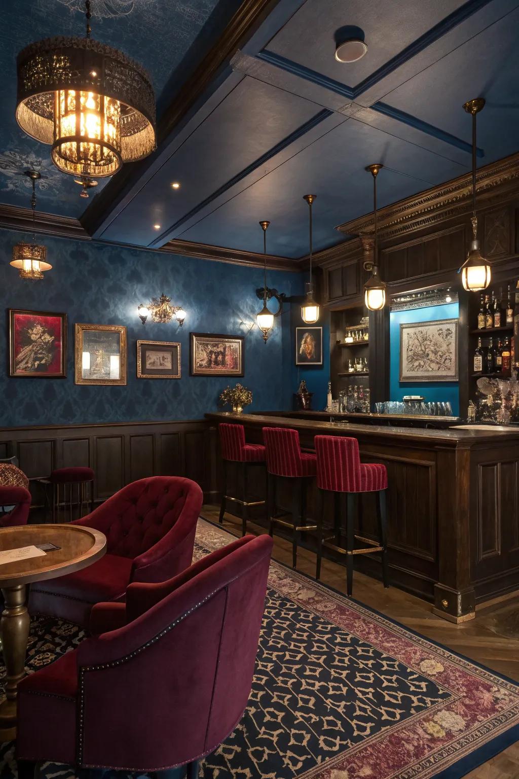 Dark, rich colors contribute to a sophisticated speakeasy vibe.