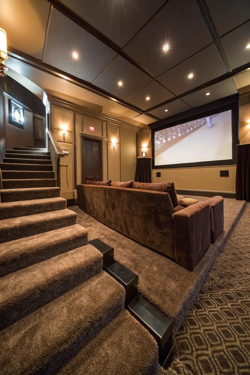 Plush carpeting enhances comfort and acoustics in your home theater.