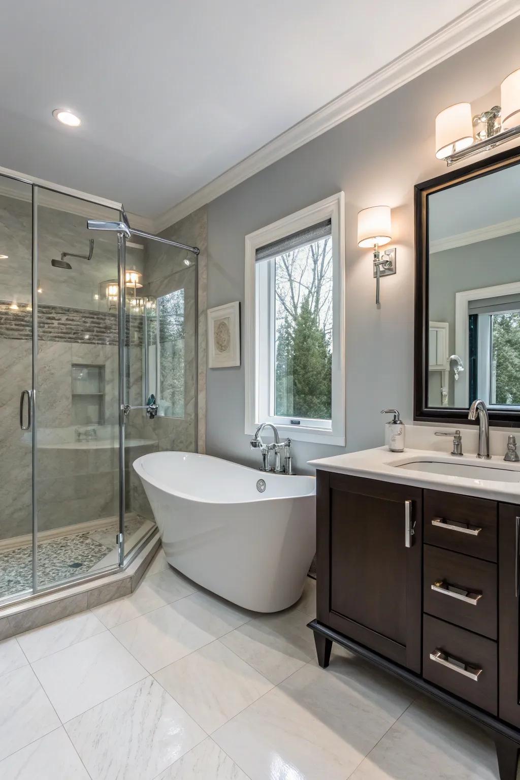A bathroom enhanced with modern and coordinated fixtures.