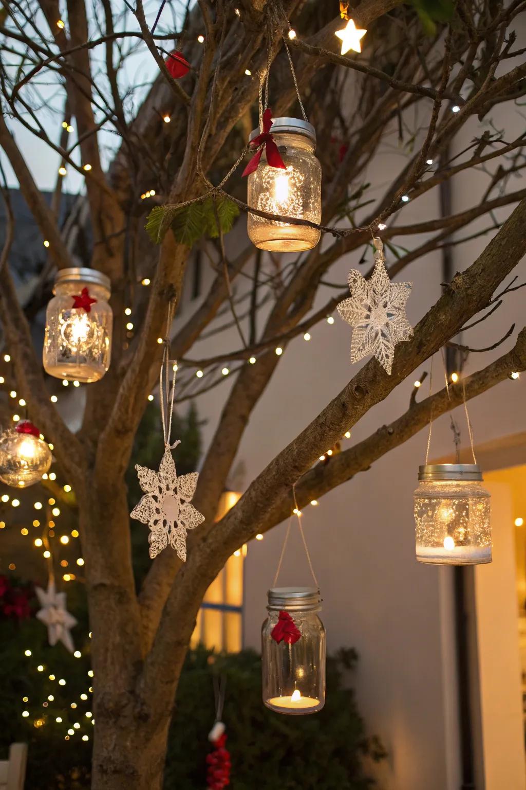 Illuminated vessel cover ornaments spreading a warm luminance across the holiday tree.