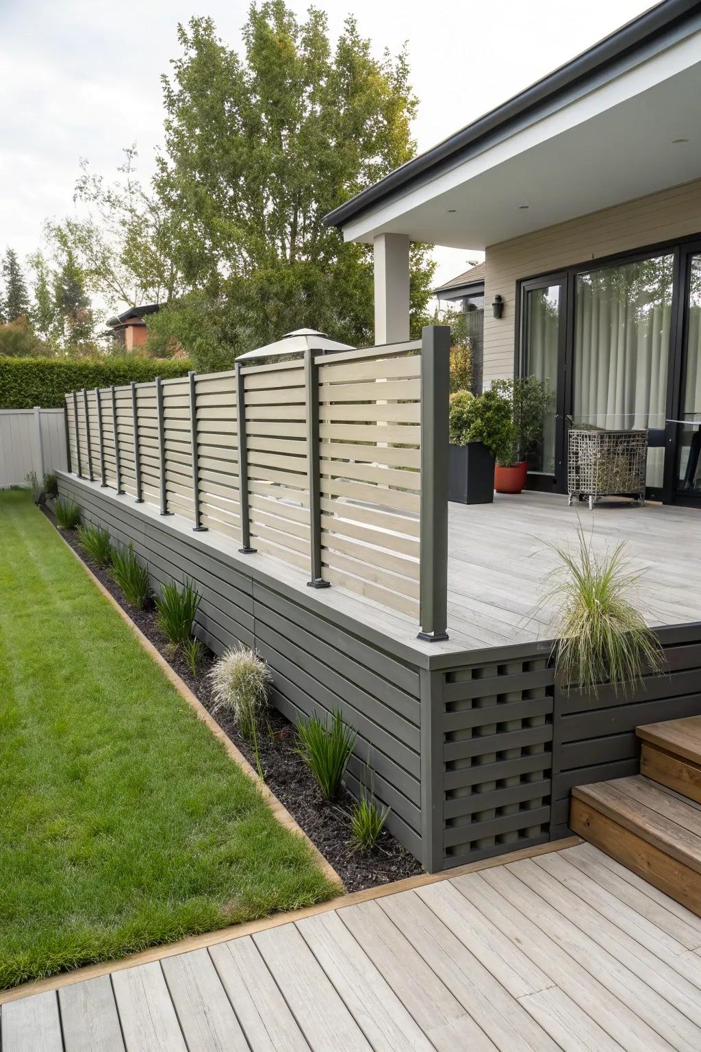 Switching slat sizes introduces visual depth to the skirting layout.