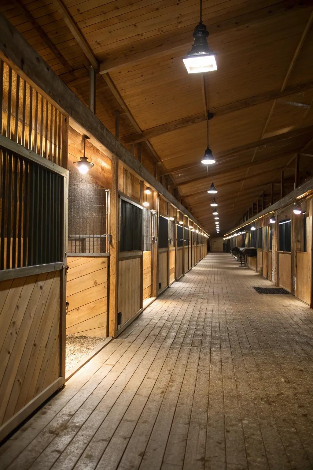 Installed and guided lights provide useful lighting in barn passageways.