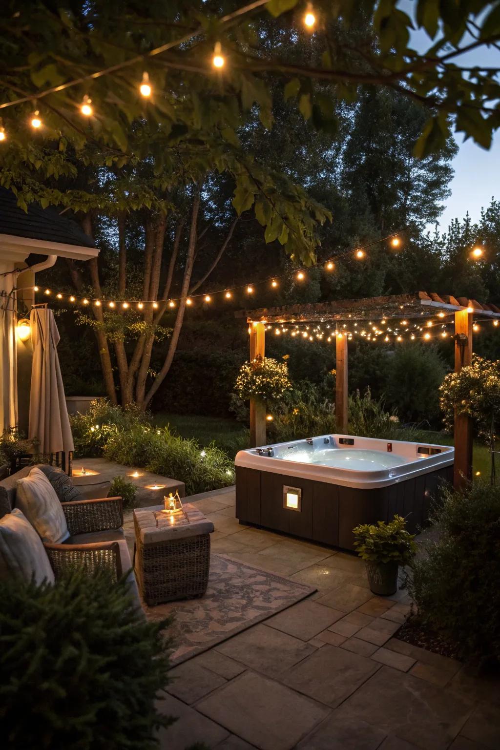 Ambient radiance transforms the hot tub area into a captivating escape.