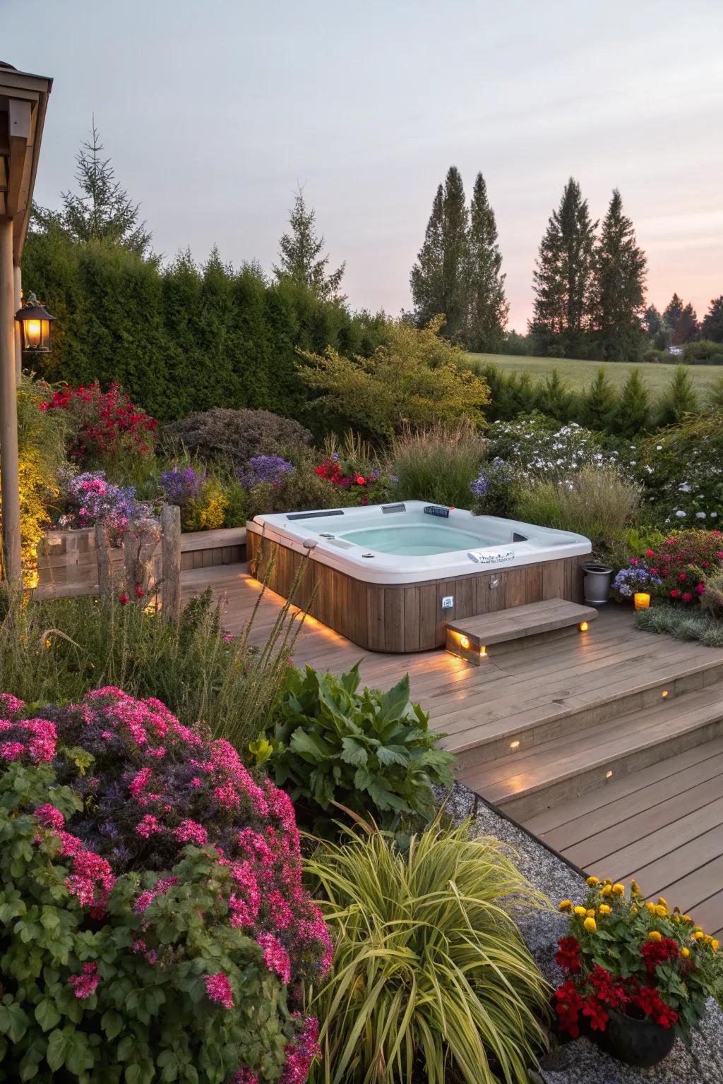 A garden oasis enveloping your hot tub enriches serenity.