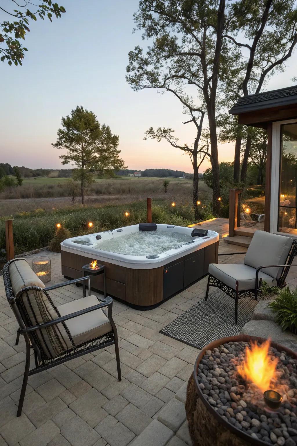 An open-air dwelling space with a spa and blazing pit for socializing.