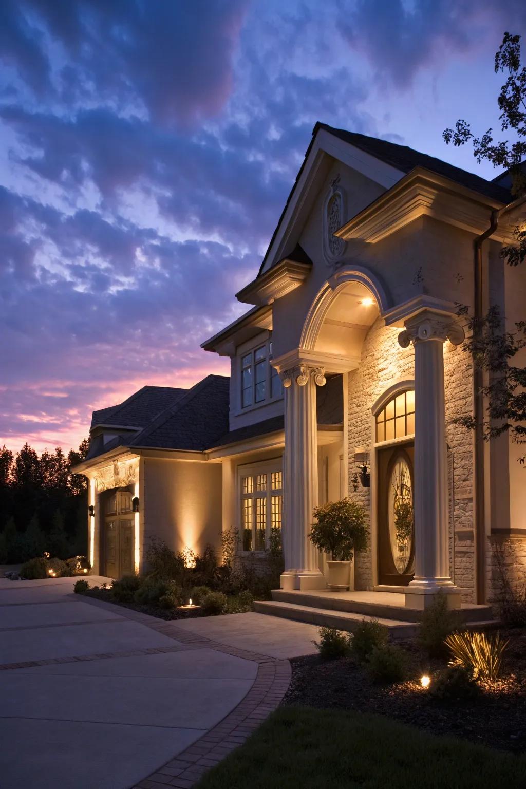 Lighting highlights the architectural elements beautifully.