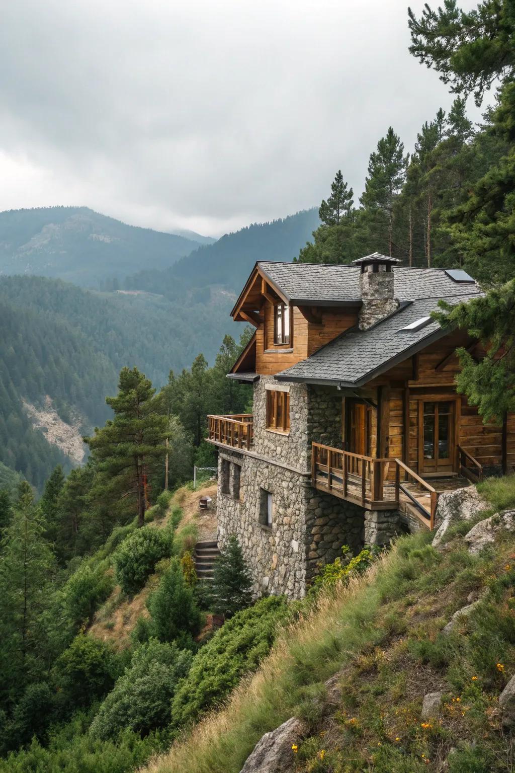A house that blends harmoniously with its native backdrop by using wood and stone.