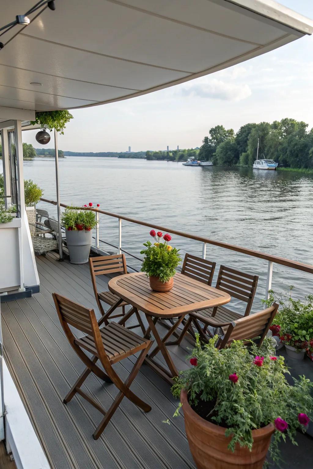 An inviting deck designed for relaxation and entertaining on a houseboat.
