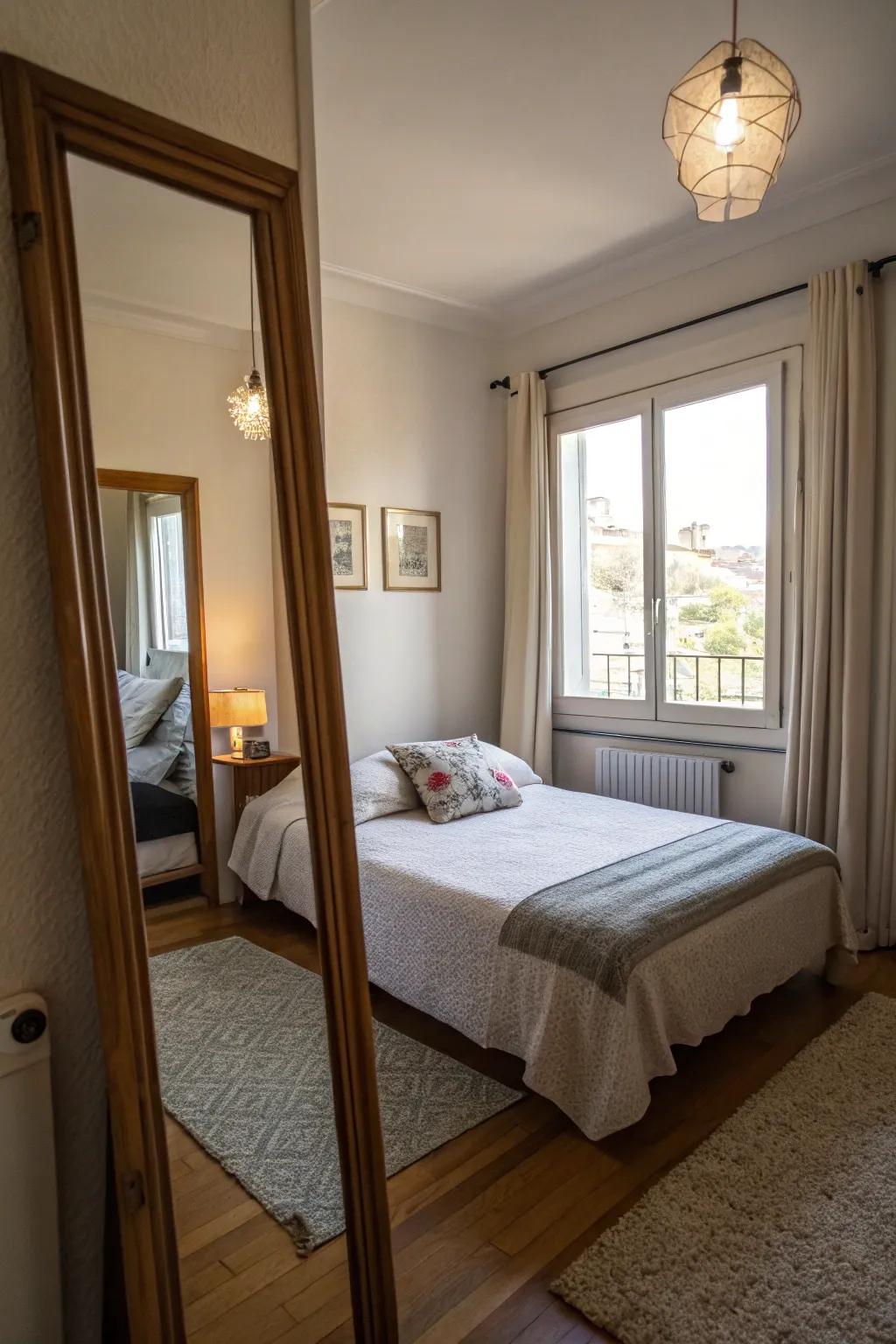 A large mirror in a small bedroom reflects light, increasing the room's openness.