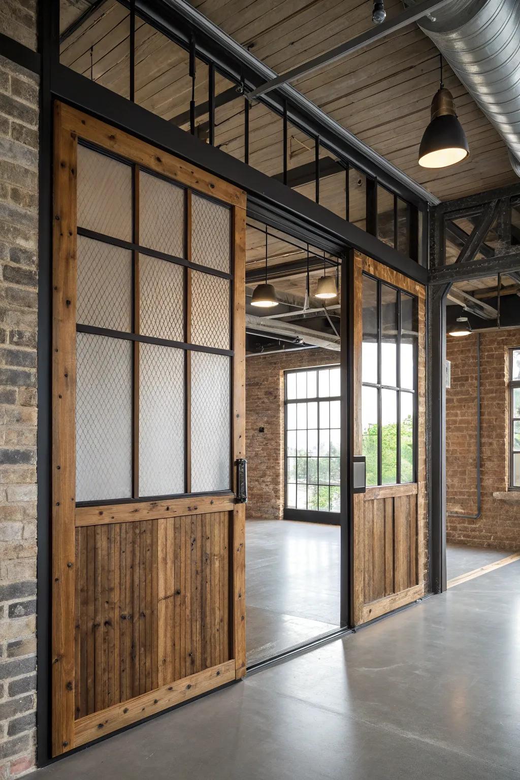 Combining materials introduces a contemporary and industrial look to French doors.