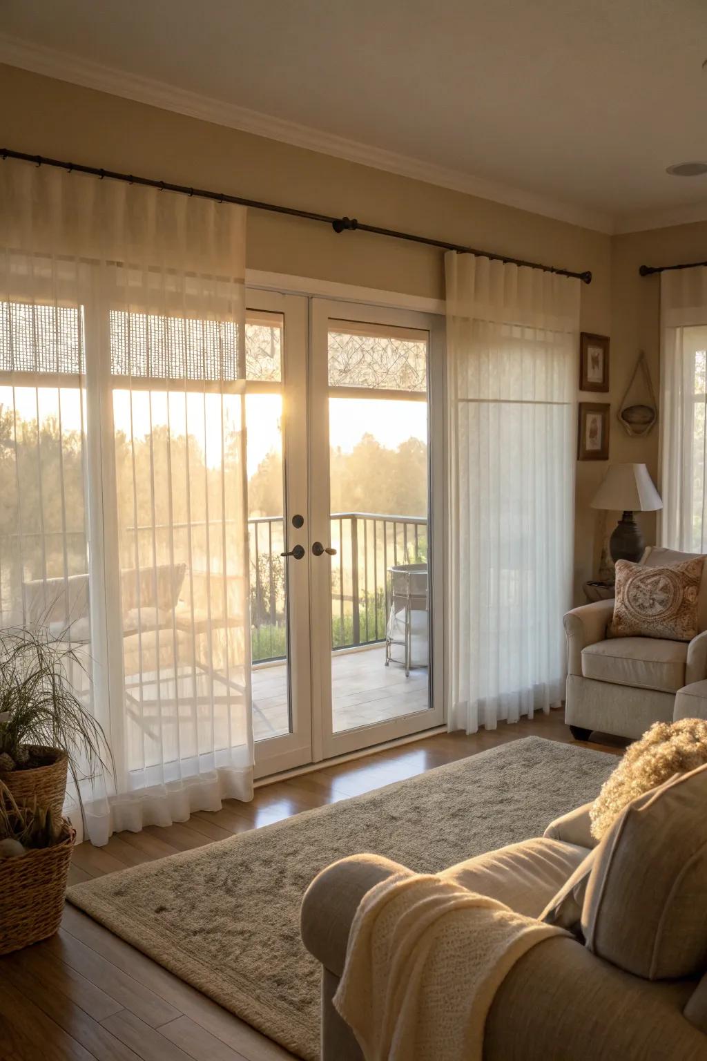 Sheer blinds cast a gentle, diffused light.