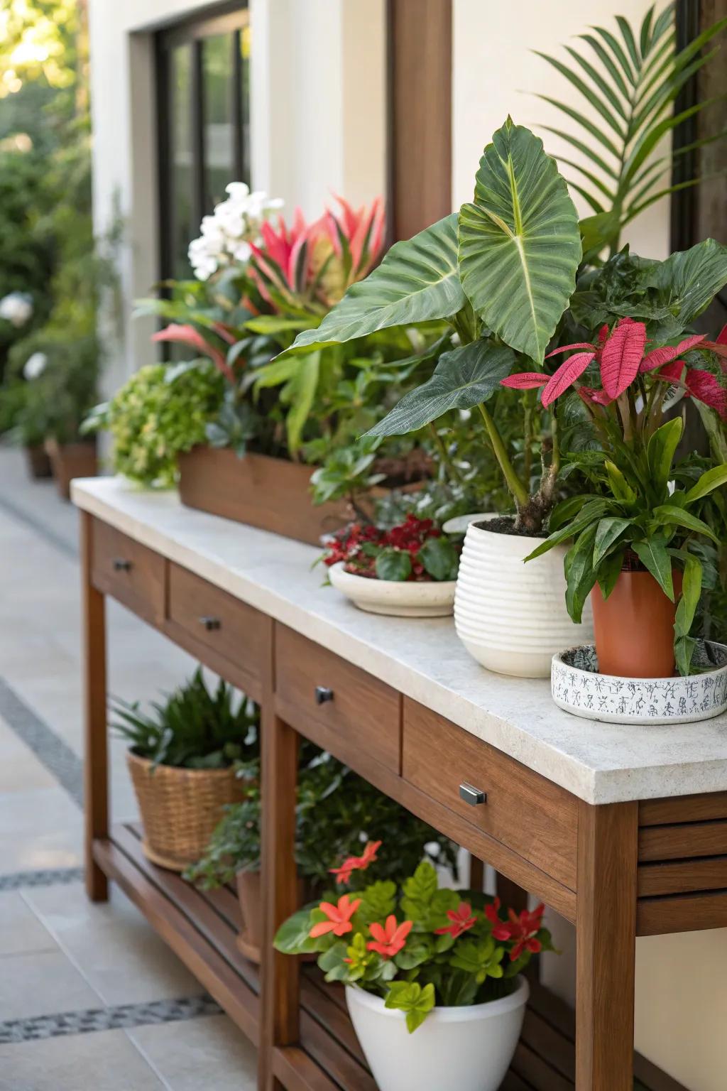 Lush greenery introduces a lively touch, energizing the console table.