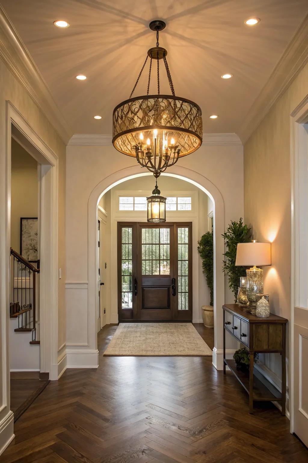 An eye-catching lighting fixture enhances the mood of the entryway.
