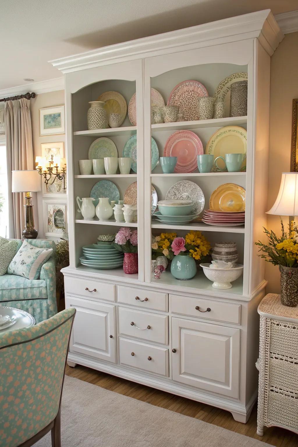 A color-coordinated display of china that beautifully complements the room's decor.
